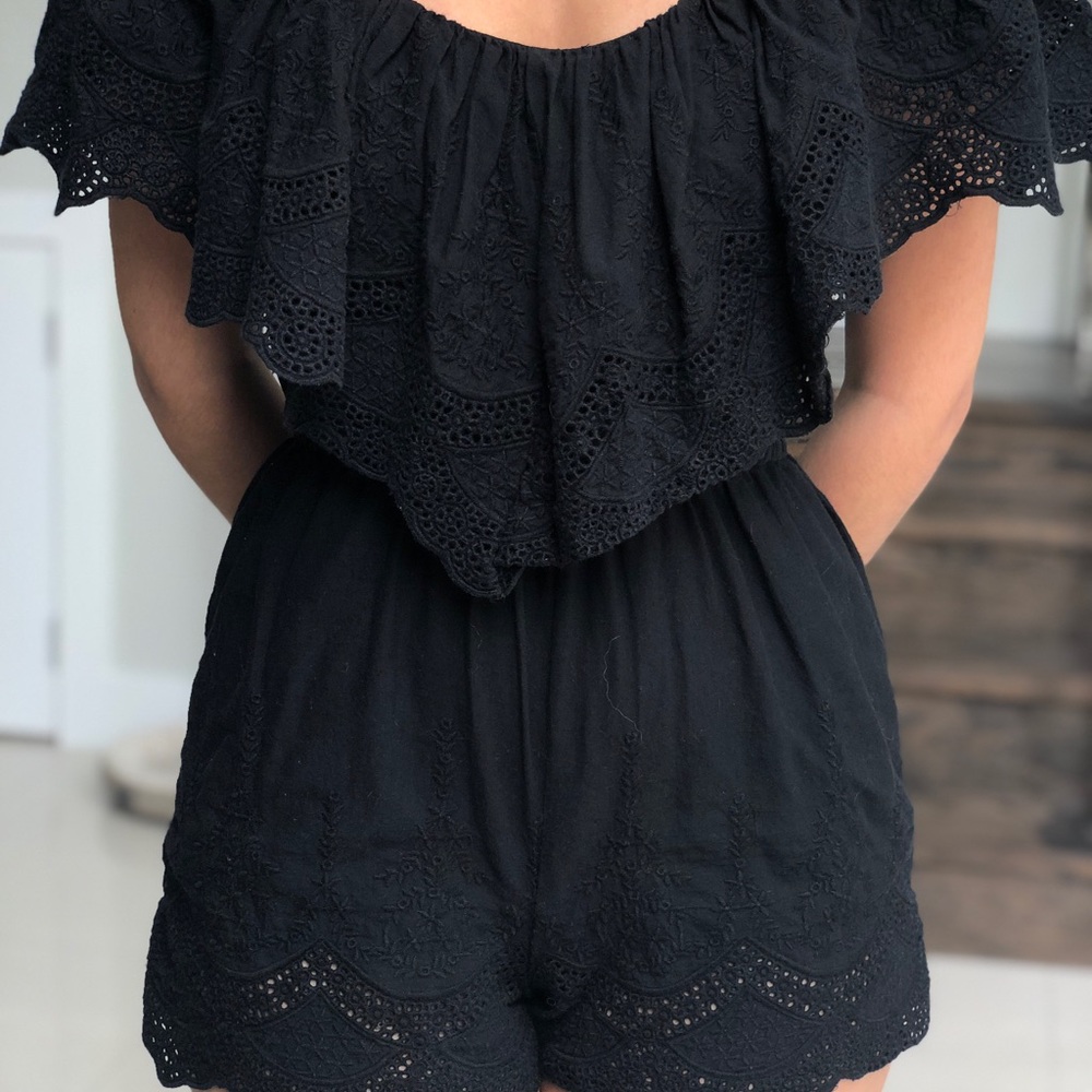Black Off The Shoulder Romper Lace Trim XS/S